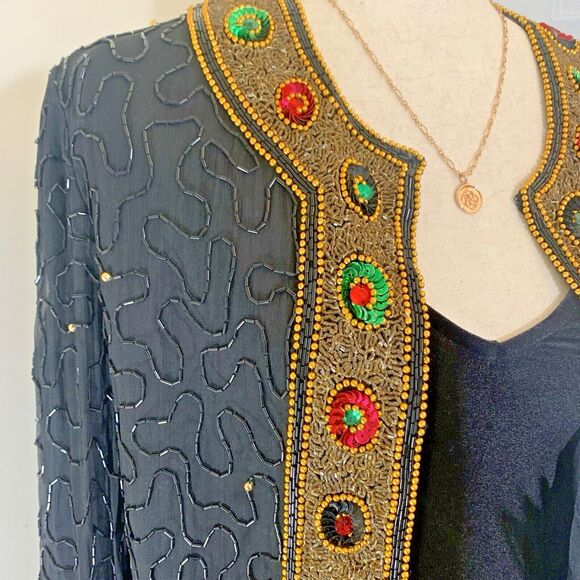 Vintage Evening Jacket XL Lawrence Kazar 100% Silk Beaded Black Gold Retro 90’s - Picture 2 of 6